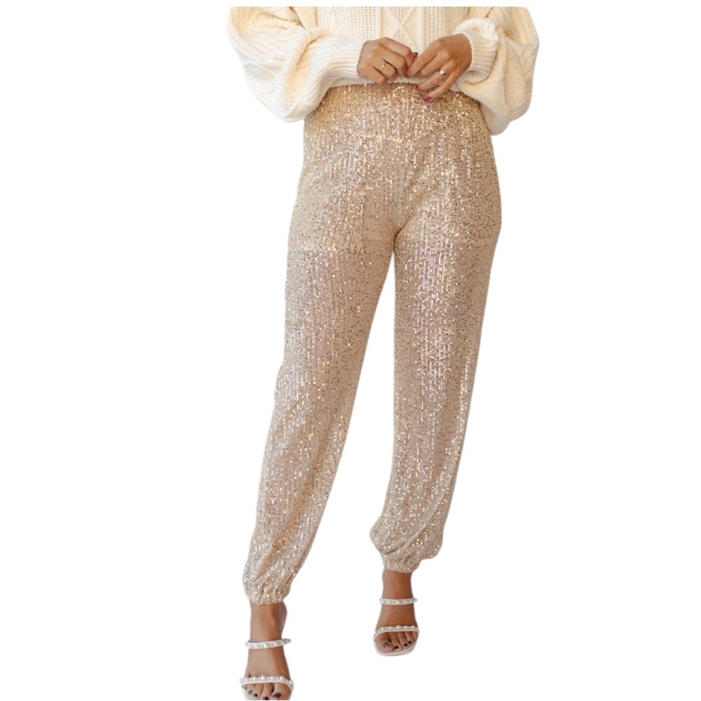 SERRA SPARKLING GOLD SEQUIN JOGGERS SZ MED EUC